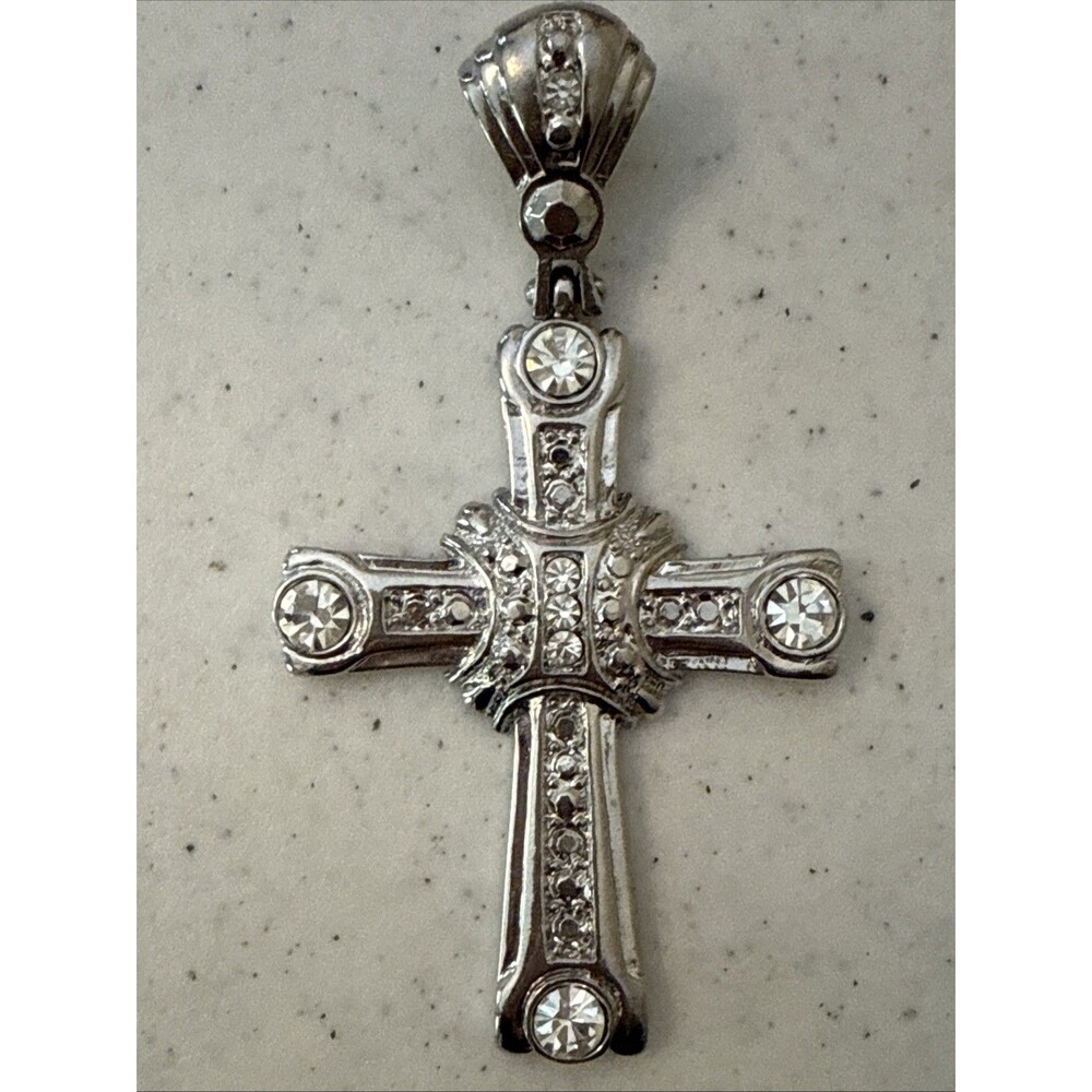 Large Ornate Cross Pendant Silver Tone with White Rhinestones Costume Jewelry